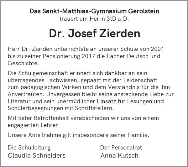 Totesanzeige Josef Zierden